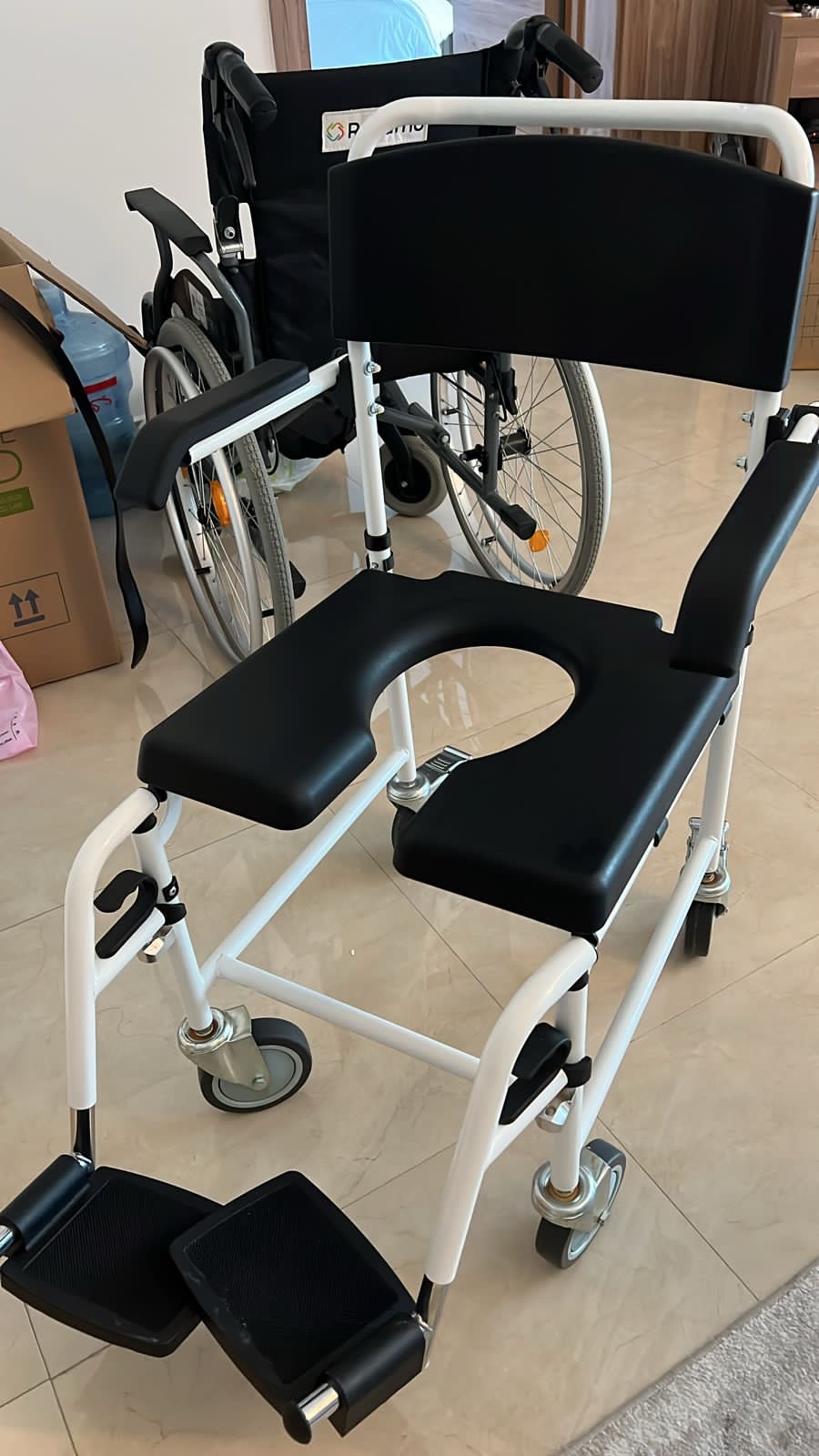 Rehamo Shower Commode chair with Flip Arm and Swing Away Footrest used